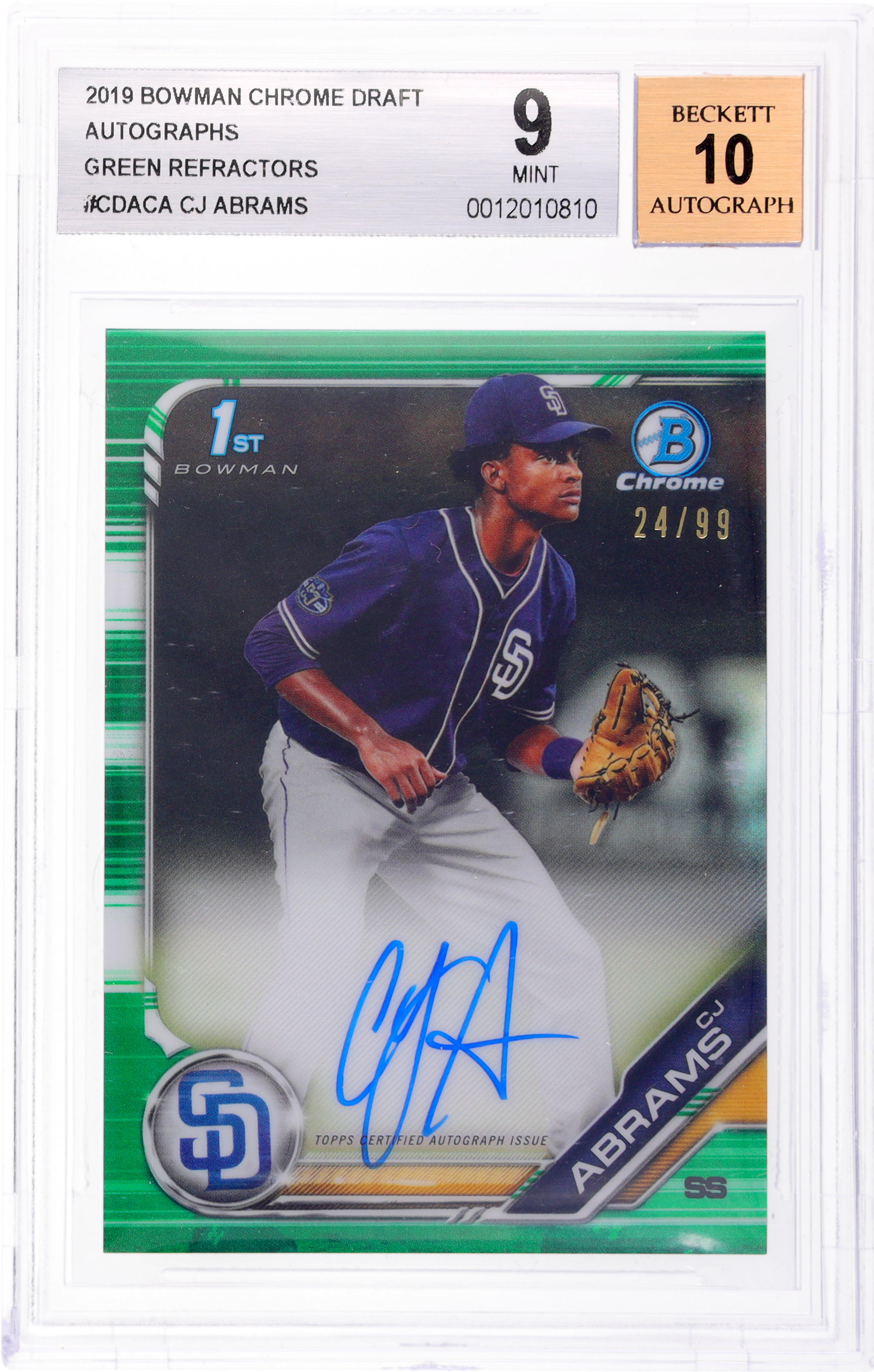 2019 Bowman Chrome Draft Autographs Green Refractor CJ Abrams #CDACA /99 BGS 9
