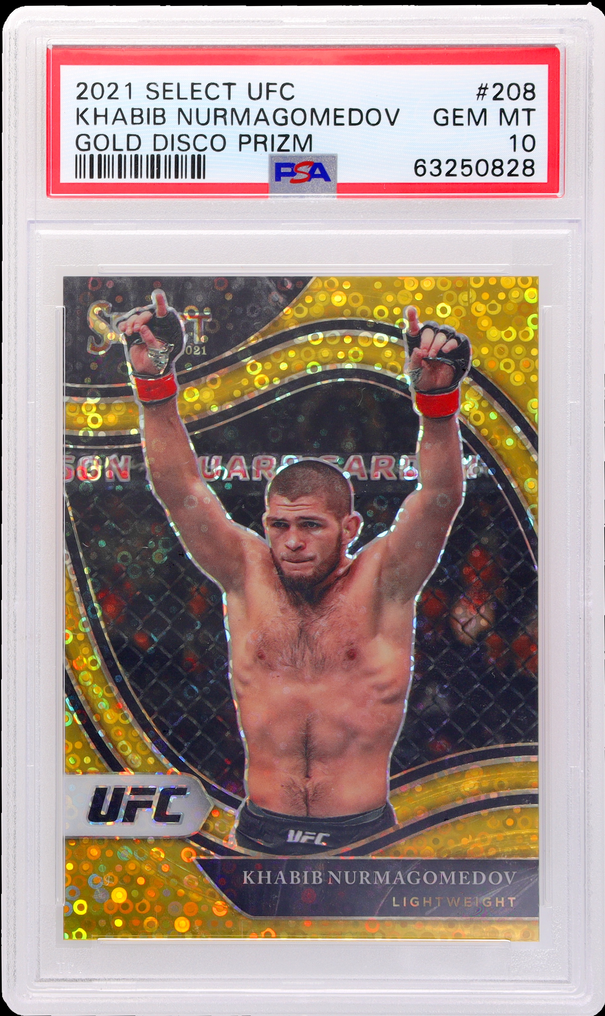 2021 Panini Select UFC Prizms Gold Disco Khabib Nurmagomedov #208 /10 PSA 10
